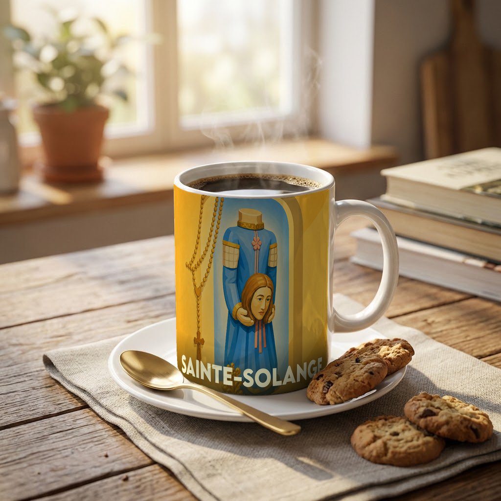 Mug souvenir de la ville de Sainte-Solange avec une illustration stylisée.