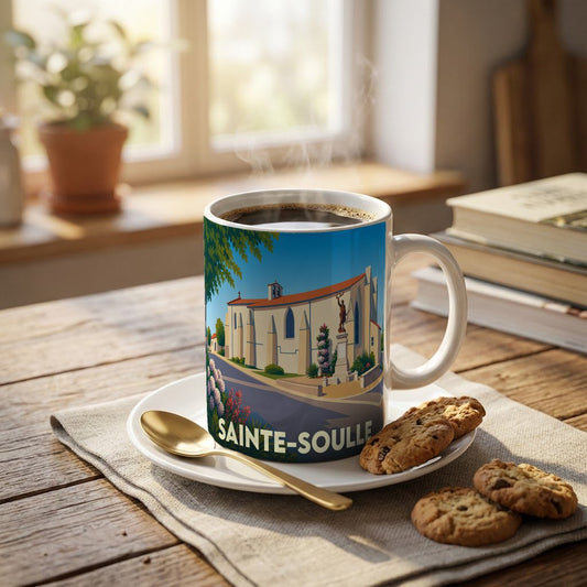 Mug souvenir de la ville de Sainte-Soulle avec une illustration stylisée.