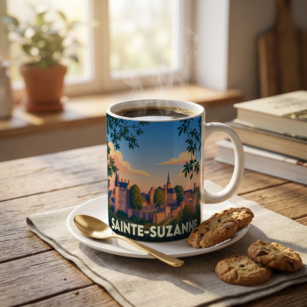 Mug souvenir de la ville de Sainte-Suzanne illustré d'un paysage médiéval stylisé au coucher du soleil.