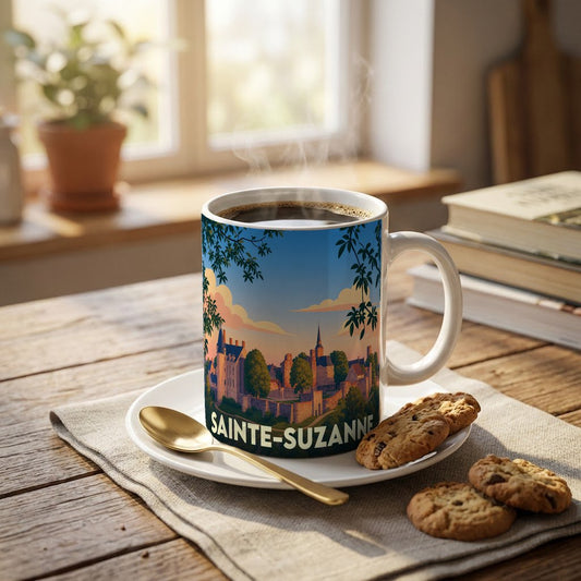 Mug souvenir de la ville de Sainte-Suzanne illustré d'un paysage médiéval stylisé au coucher du soleil.
