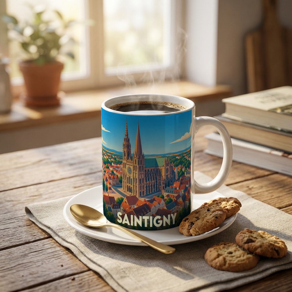 Mug souvenir de la ville de Saintigny avec une illustration stylisée de sa cathédrale et ses toits rouges.