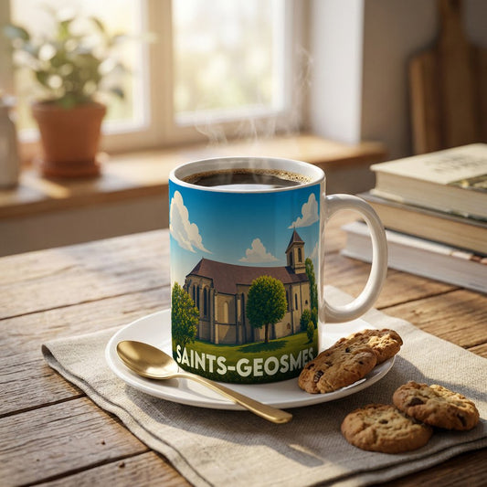Mug souvenir de la ville de Saints-Geosmes orné d'une illustration stylisée de son église.