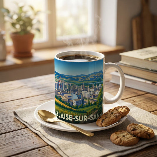 Mug souvenir de la ville de Salaise-sur-Sanne avec une illustration stylisée d'un complexe industriel et de collines.