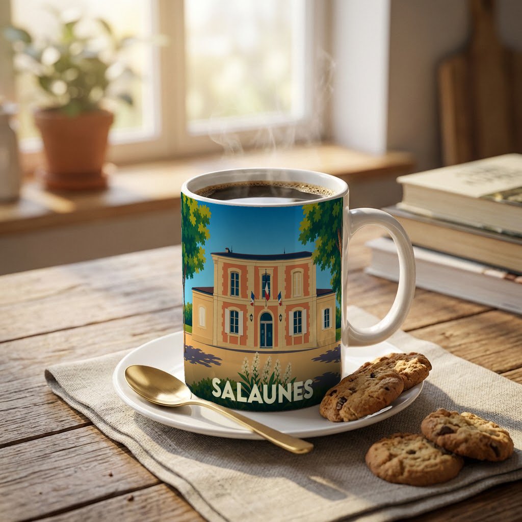 Mug souvenir de la ville de Salaunes orné d'une illustration stylisée de sa mairie.