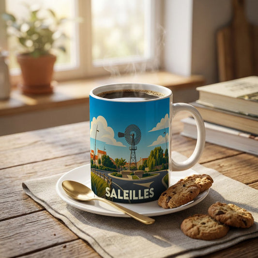 Mug souvenir de la ville de Saleilles avec une illustration stylisée d'une éolienne emblématique.