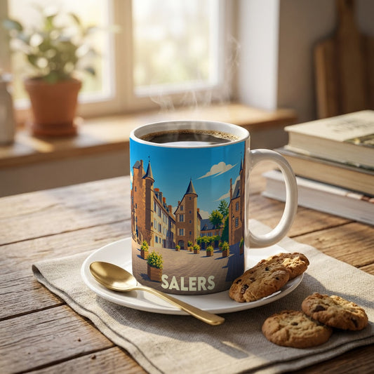 Mug souvenir de la ville de Salers illustré d'une vue stylisée de ses bâtiments historiques.