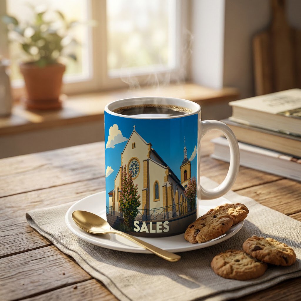 Mug souvenir de la ville de Sales illustré par une église stylisée sous un ciel bleu.