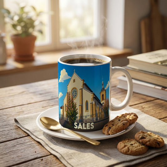 Mug souvenir de la ville de Sales illustré par une église stylisée sous un ciel bleu.