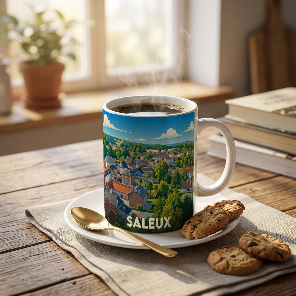 Mug souvenir de la ville de Saleux orné d'une illustration panoramique colorée.