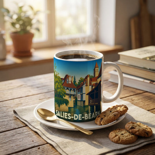 Mug souvenir de la ville de Salies-de-Béarn orné d'une illustration stylisée de ses maisons sur pilotis.