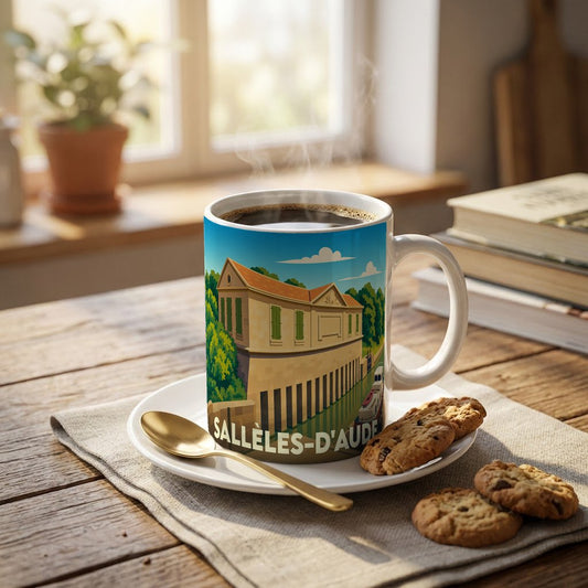 Mug souvenir de la ville de Sallèles-d'Aude avec une illustration stylisée d'un bâtiment historique au bord de l'eau.
