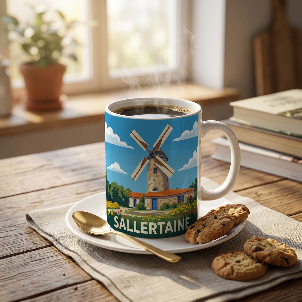 Mug souvenir de la ville de Sallertaine avec une illustration stylisée d'un moulin.