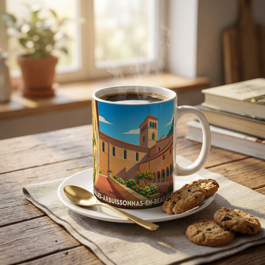 Mug souvenir de Salles-Arbuissonnas-en-Beaujolais orné d'une illustration colorée de son patrimoine historique.