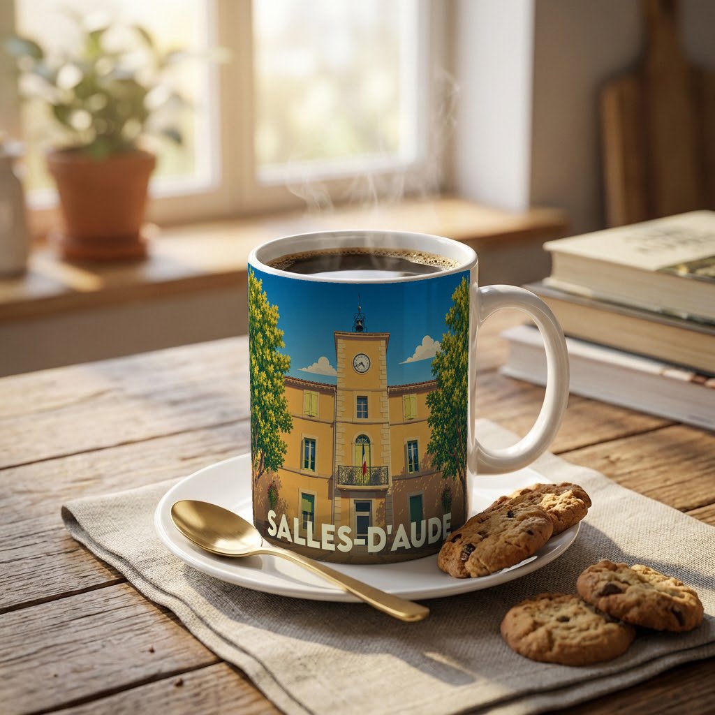 Mug souvenir de la ville de Salles-d'Aude avec une illustration stylisée de sa mairie.