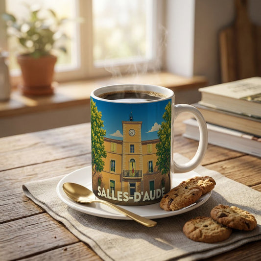 Mug souvenir de la ville de Salles-d'Aude avec une illustration stylisée de sa mairie.