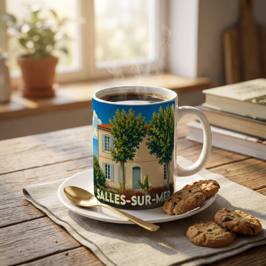 Mug souvenir de la ville de Salles-sur-Mer orné d'une illustration stylisée de maison charentaise.