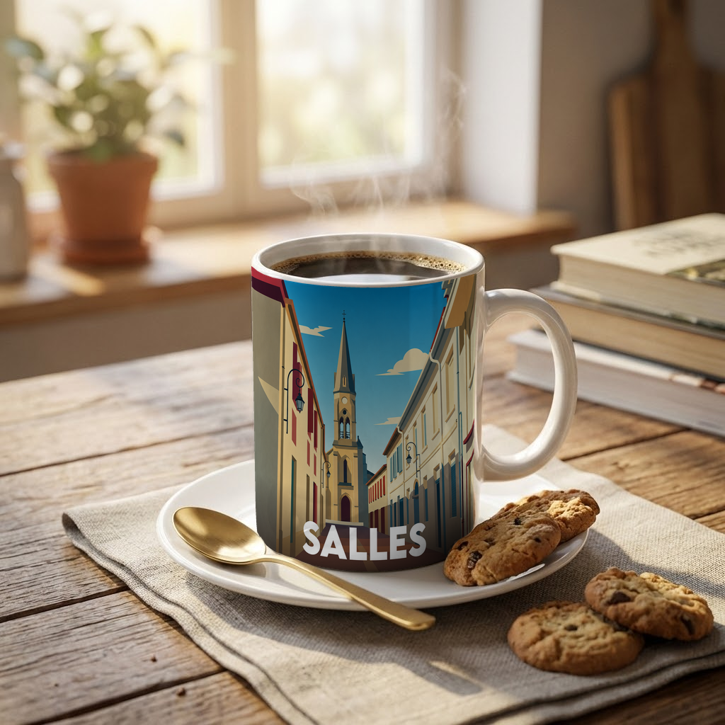 Mug souvenir de la ville de Salles avec une illustration stylisée représentant une rue et son clocher.
