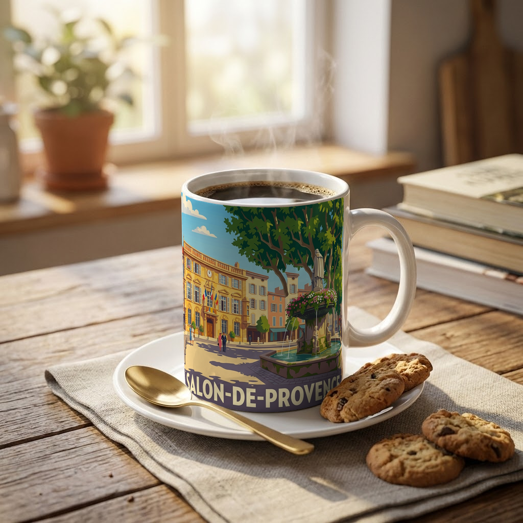 Mug souvenir de la ville de Salon-de-Provence avec une illustration colorée et stylisée.
