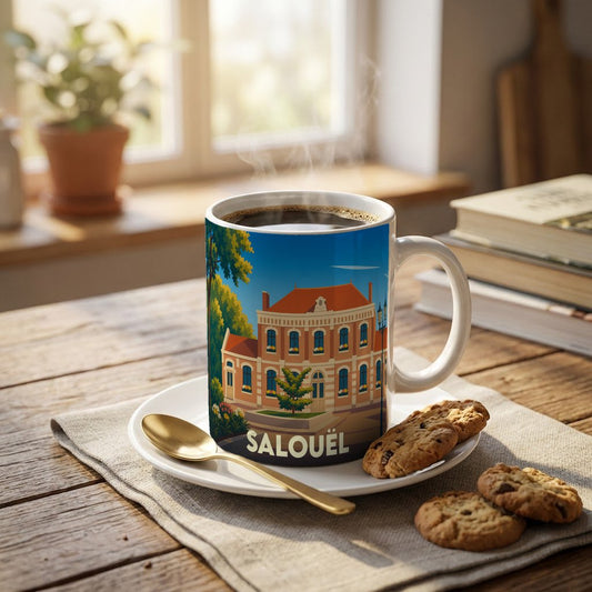 Mug souvenir de la ville de Salouël avec une illustration stylisée d'un bâtiment historique.