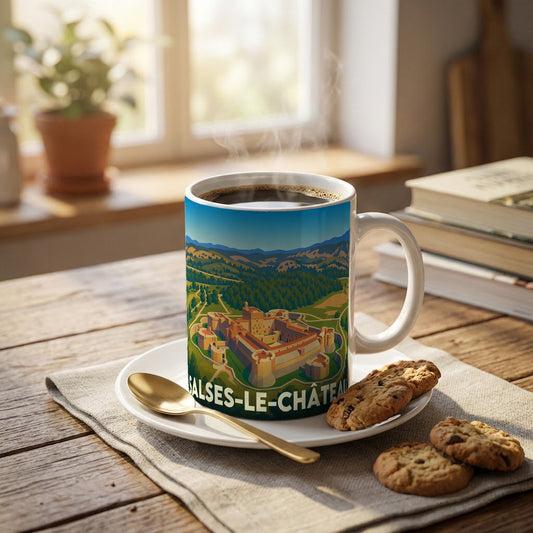Mug souvenir de la ville de Salses-le-Château avec une illustration stylisée de sa forteresse.
