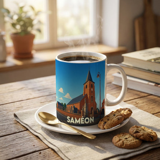 Mug souvenir de la ville de Saméon avec une illustration stylisée de son église.