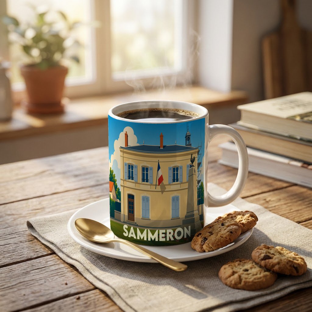 Mug souvenir de la ville de Sammeron avec une illustration stylisée de sa mairie.