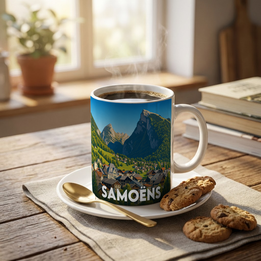 Mug souvenir de la ville de Samoëns avec une illustration de paysage de montagne.