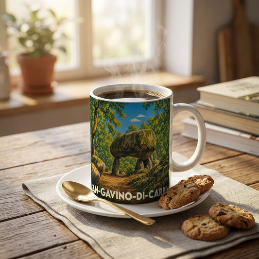 Mug souvenir de la ville de San-Gavino-di-Carbini orné d'une illustration stylisée représentant un dolmen dans la nature.