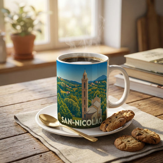 Mug souvenir de San-Nicolao orné d'une illustration stylisée du village et de son église emblématique.