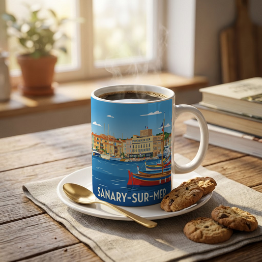 Mug souvenir de la ville de Sanary-sur-Mer avec une illustration stylisée de son port.