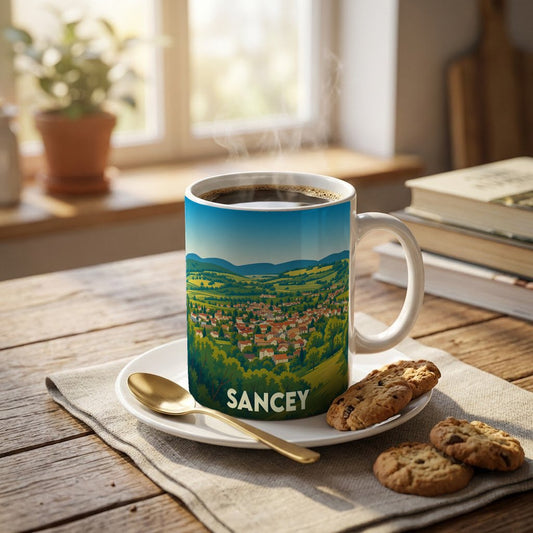 Mug souvenir de la ville de Sancey orné d'une illustration paysagère stylisée.