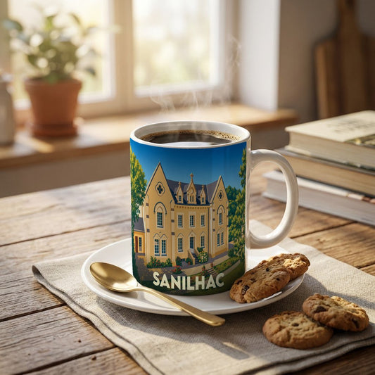 Mug souvenir de la ville de Sanilhac avec une illustration stylisée d'un manoir.