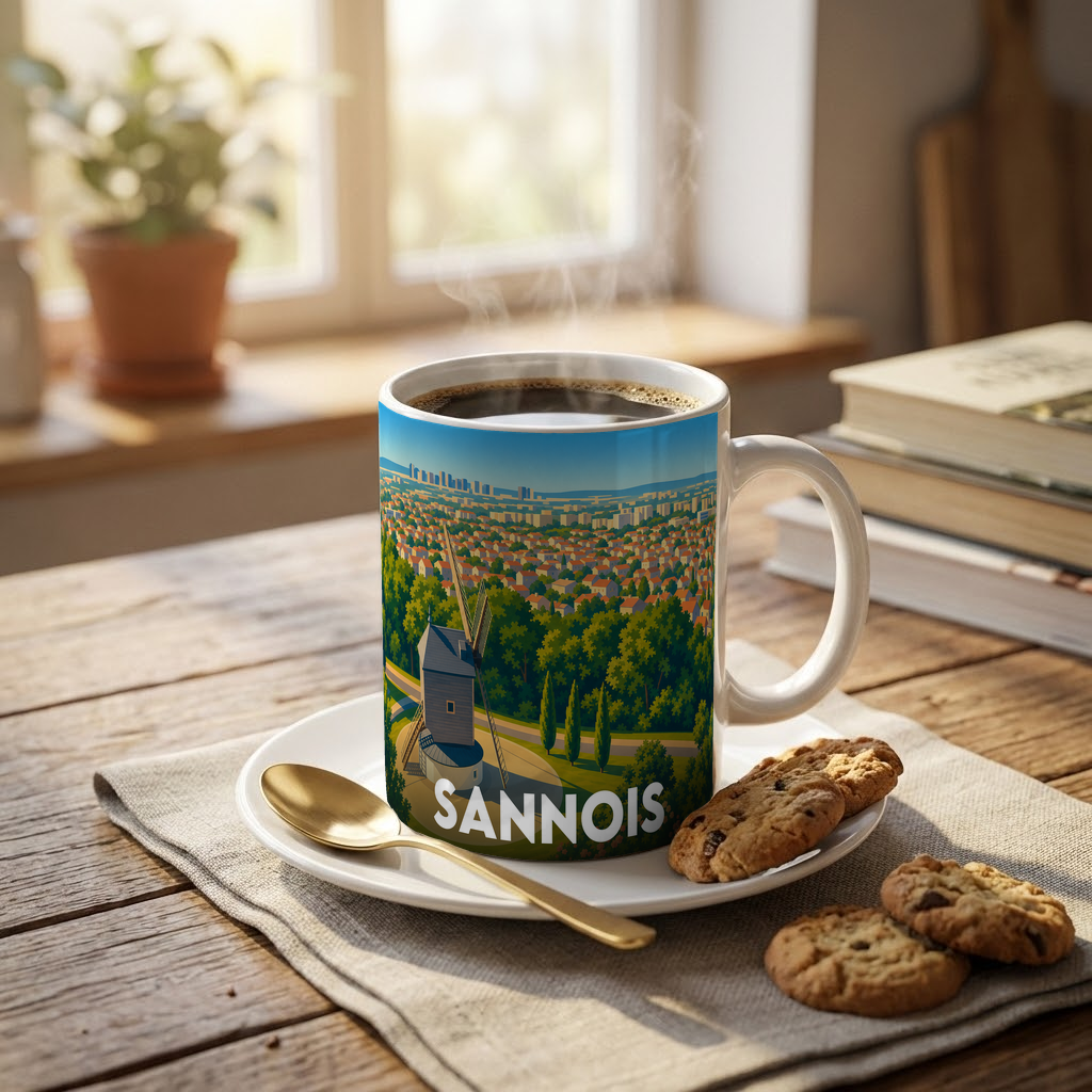 Mug souvenir de la ville de Sannois orné d'une illustration stylisée représentant son moulin et un panorama urbain.