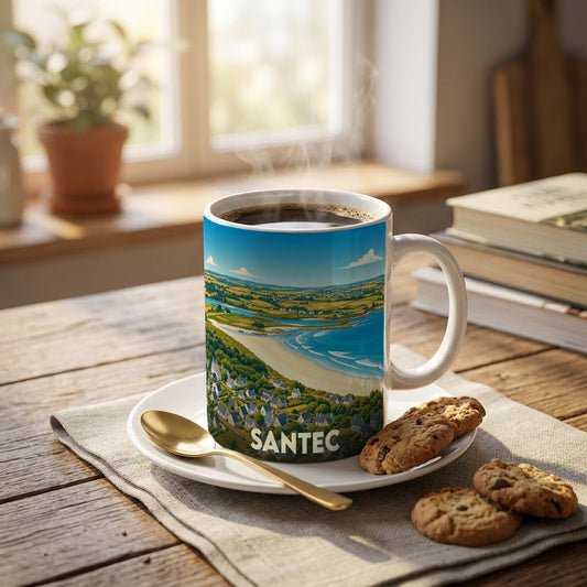 Mug souvenir de la ville de Santec avec une illustration stylisée d'un paysage côtier.
