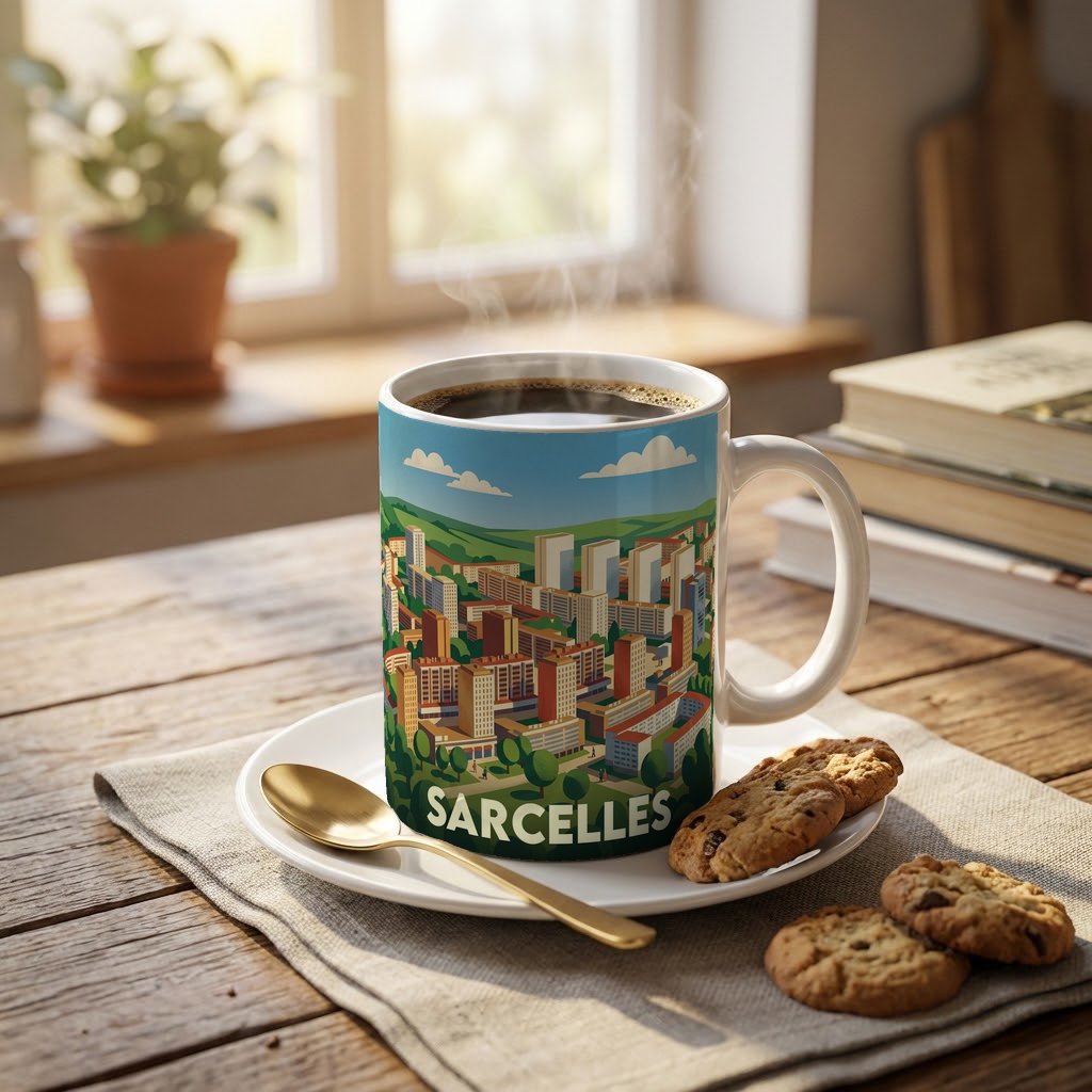 Mug souvenir de la ville de Sarcelles avec une illustration urbaine stylisée.