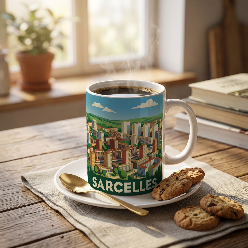 Mug souvenir de la ville de Sarcelles avec une illustration urbaine stylisée.
