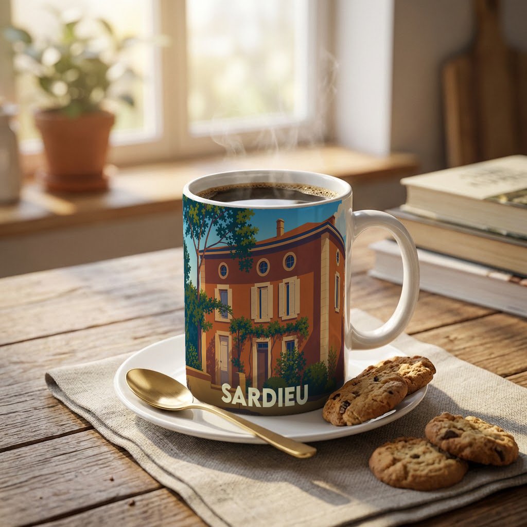 Mug souvenir de la ville de Sardieu avec une illustration stylisée de maison ancienne.