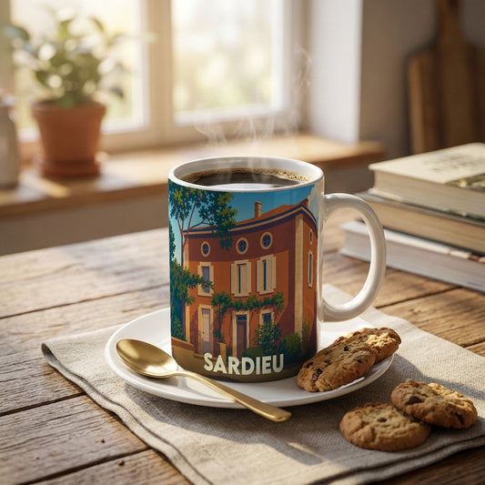 Mug souvenir de la ville de Sardieu avec une illustration stylisée de maison ancienne.