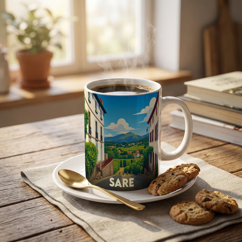 Mug souvenir de la ville de Sare orné d'une illustration paysagère stylisée.