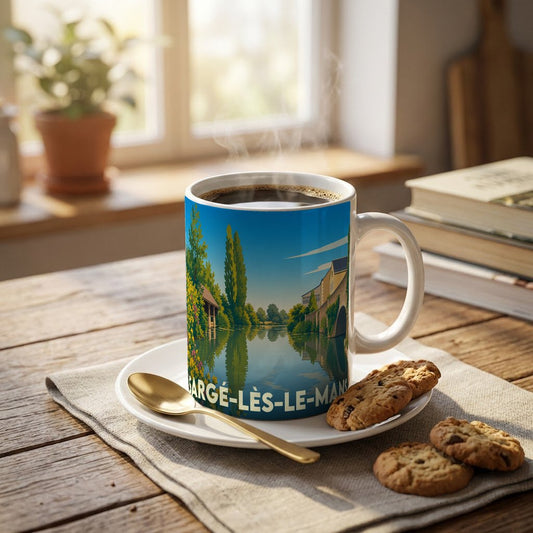 Mug souvenir de la ville de Sargé-lès-le-Mans avec une illustration stylisée d'un paysage de rivière.