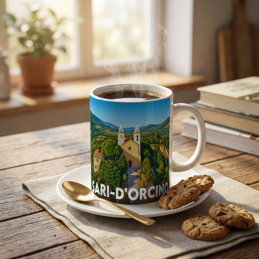 Mug souvenir de la ville de Sari-d'Orcino avec une illustration stylisée du village.
