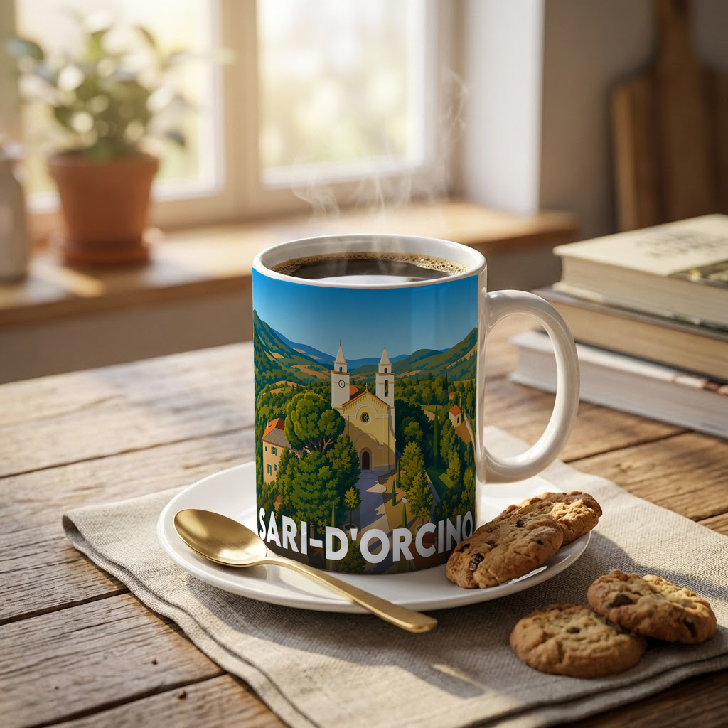 Mug souvenir de la ville de Sari-d'Orcino avec une illustration stylisée du village.