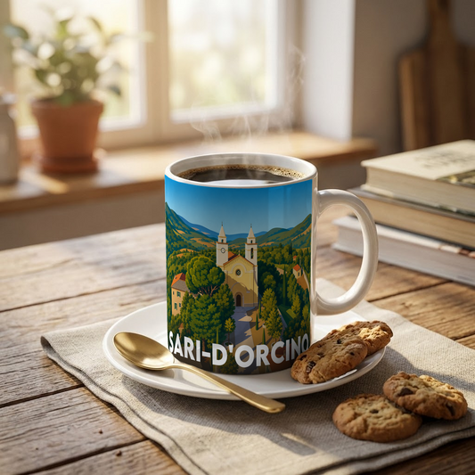 Mug souvenir de la ville de Sari-d'Orcino avec une illustration stylisée du village.