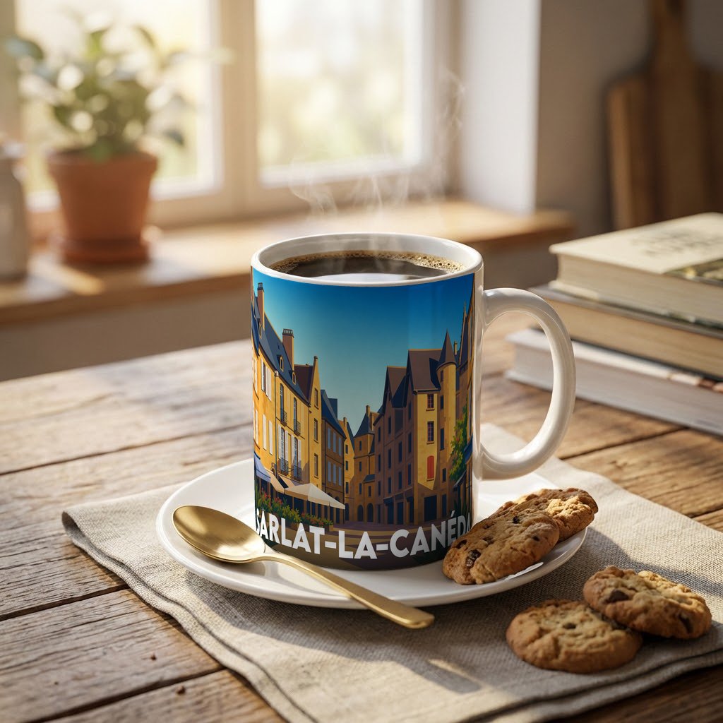 Mug souvenir de la ville de Sarlat-la-Canéda avec une illustration stylisée de ses rues médiévales.