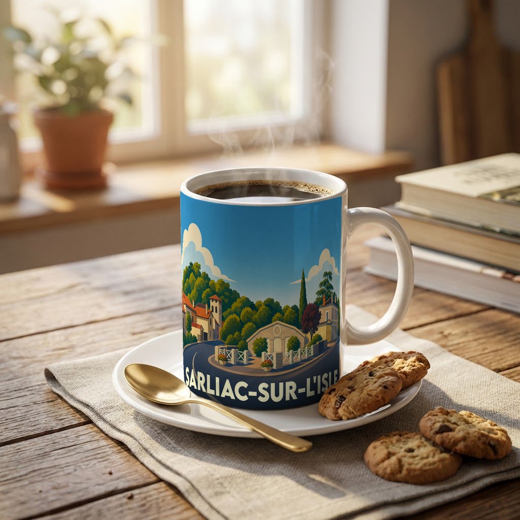 Mug souvenir de la ville de Sarliac-sur-l'Isle orné d'une illustration paysagère stylisée.