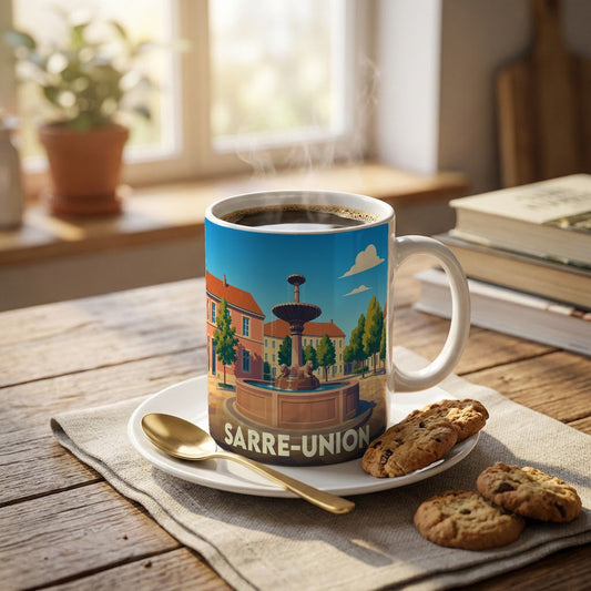 Mug souvenir de la ville de Sarre-Union avec une illustration stylisée de sa place et de sa fontaine.