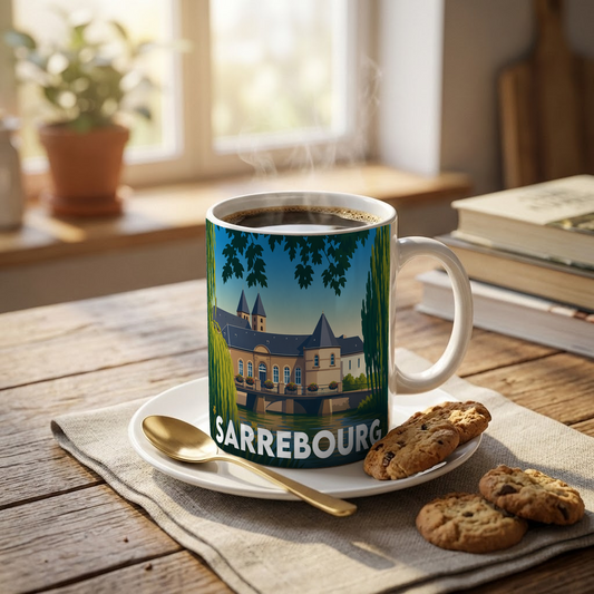 Mug souvenir de la ville de Sarrebourg avec une illustration stylisée.