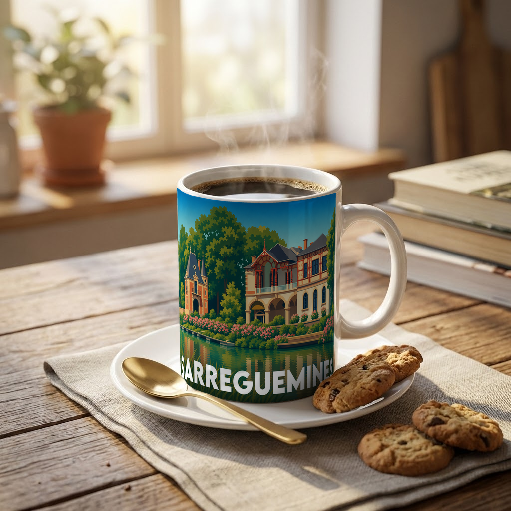 Mug souvenir de la ville de Sarreguemines avec une illustration stylisée.