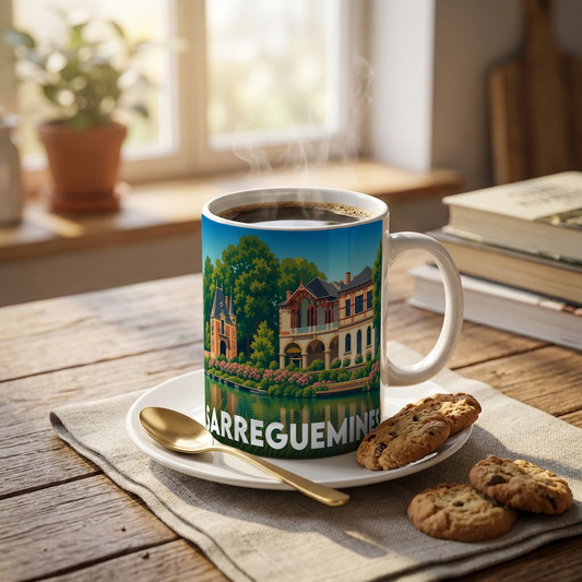 Mug souvenir de la ville de Sarreguemines avec une illustration stylisée.