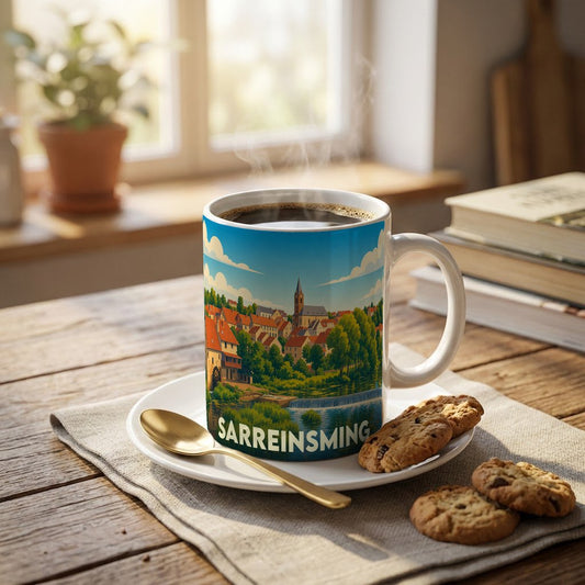 Mug souvenir de la ville de Sarreinsming avec une illustration colorée représentant un paysage urbain au bord de l'eau.